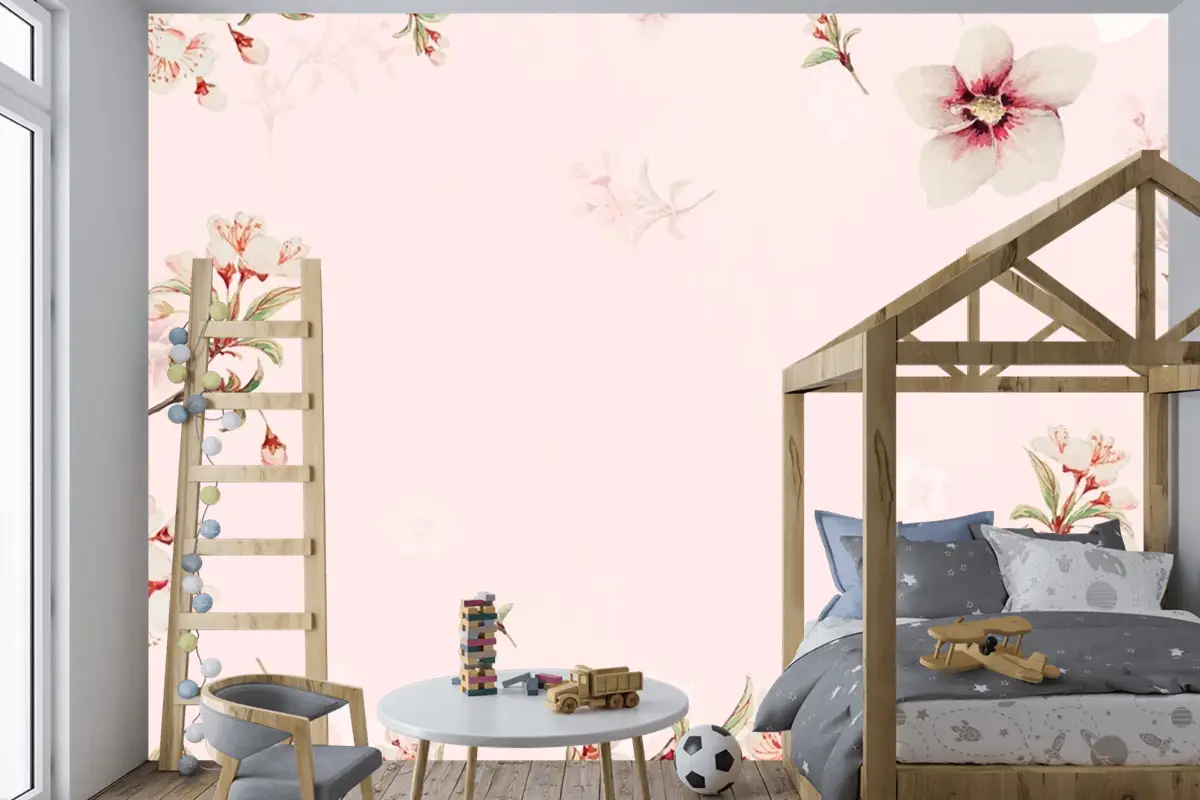 Vintage Japon Çiçek Arka Plan Şeftali Çiçekleri Çocuk Odası Duvar Kağıdı