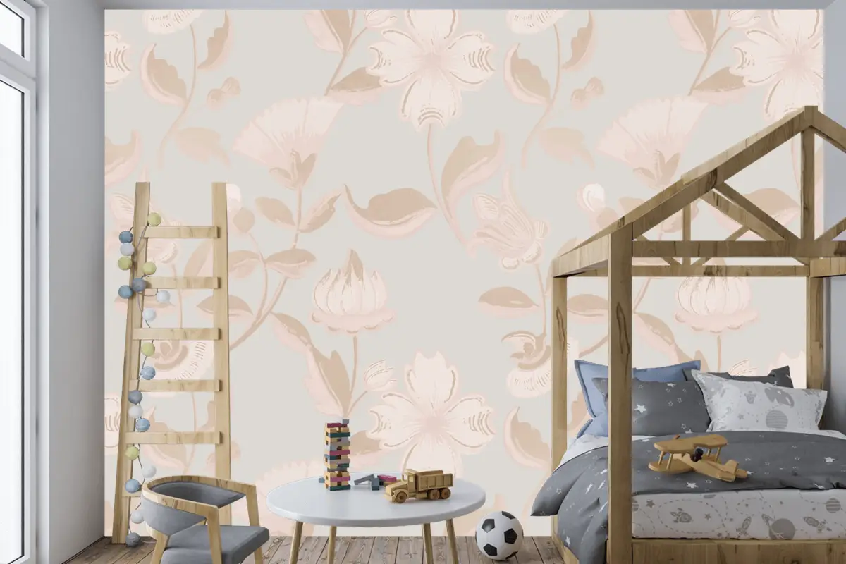 Vintage Nötr Çiçek Desenli Çocuk Odası Duvar Kağıdı 