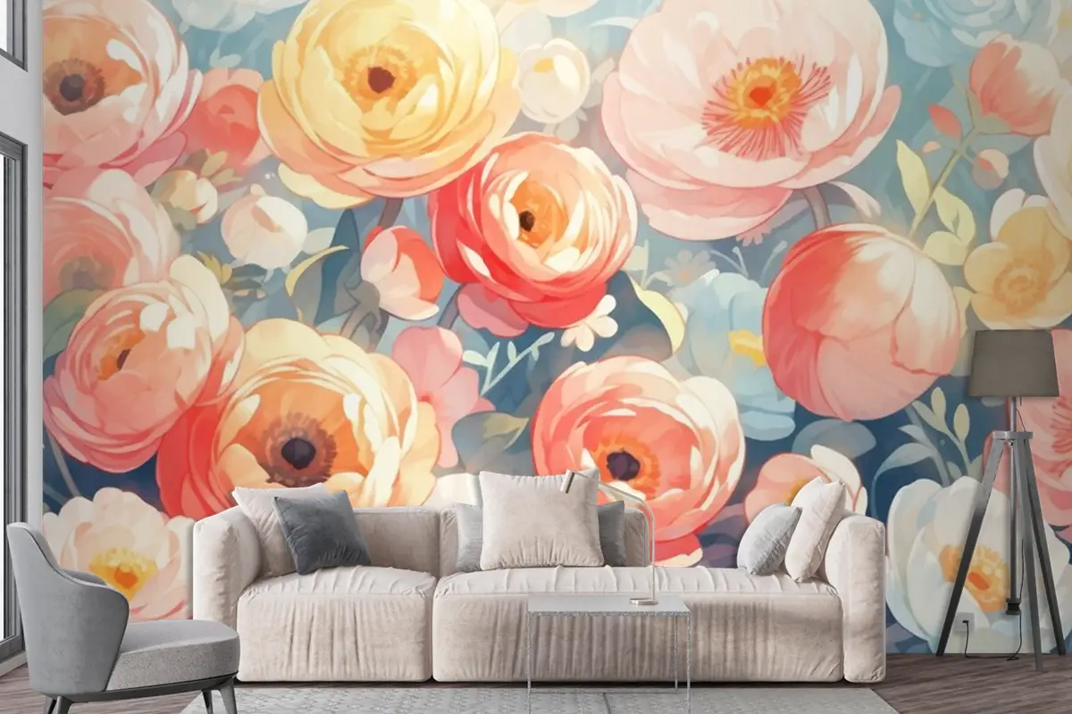 Tamamlayıcı Renklerle Vintage Suluboya Düğünçiçeği Tasarımı Duvar Kağıdı