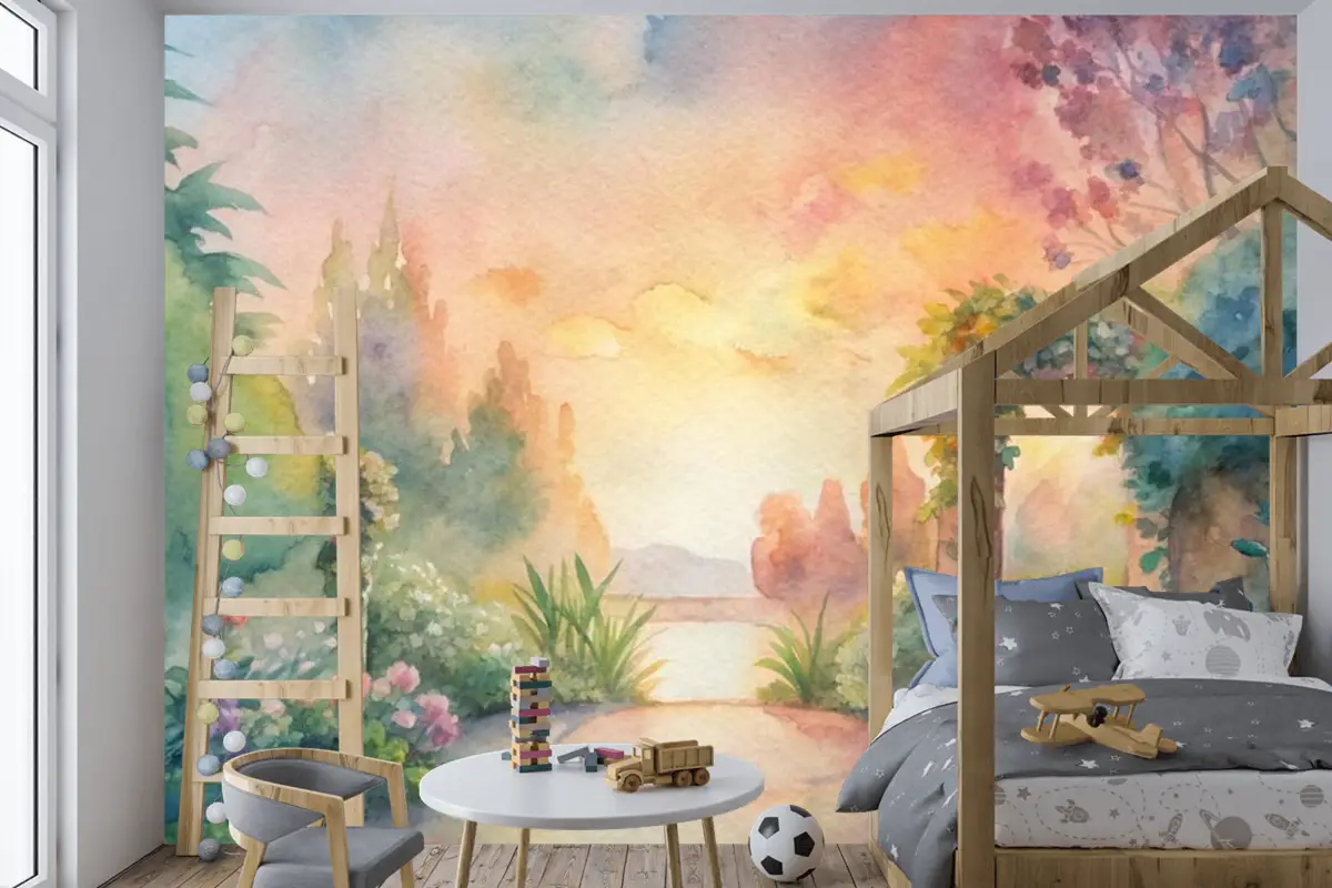 Çiçek Bahçesi Çocuk Odası Duvar Kağıdı  İçeren Suluboya Arka Plan