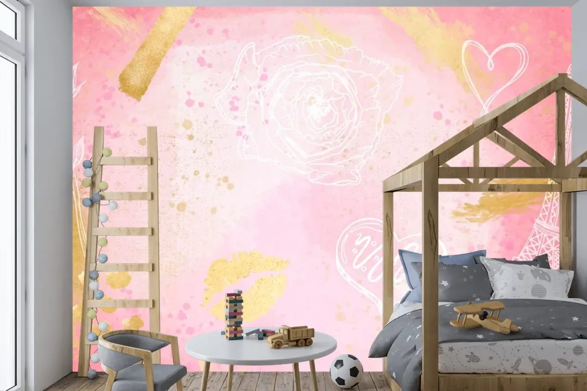 Elle Çizilmiş Öğeler Çocuk Odası Duvar Kağıdı  Ile Suluboya Arka Plan