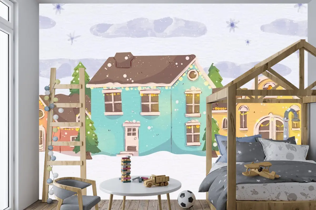 Suluboya Noel Kasabası Çocuk Odası Duvar Kağıdı