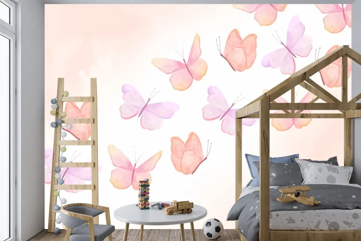Suluboya Renkli Kelebek Arka Plan Çocuk Odası Duvar Kağıdı 