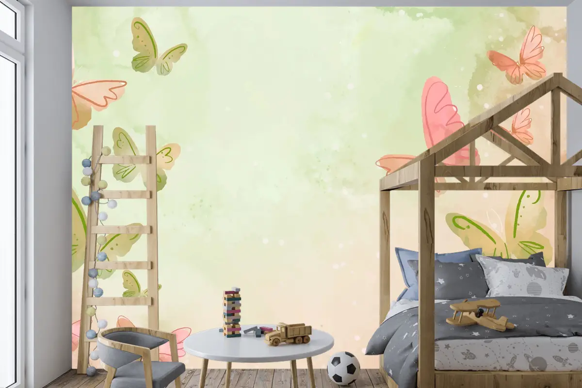 Suluboya Renkli Kelebek Arka Plan Çocuk Odası Duvar Kağıdı 