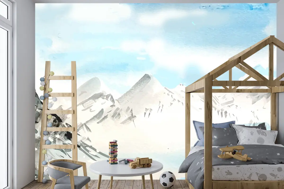 Suluboya Gündüz Dağları Arka Plan Çocuk Odası Duvar Kağıdı 