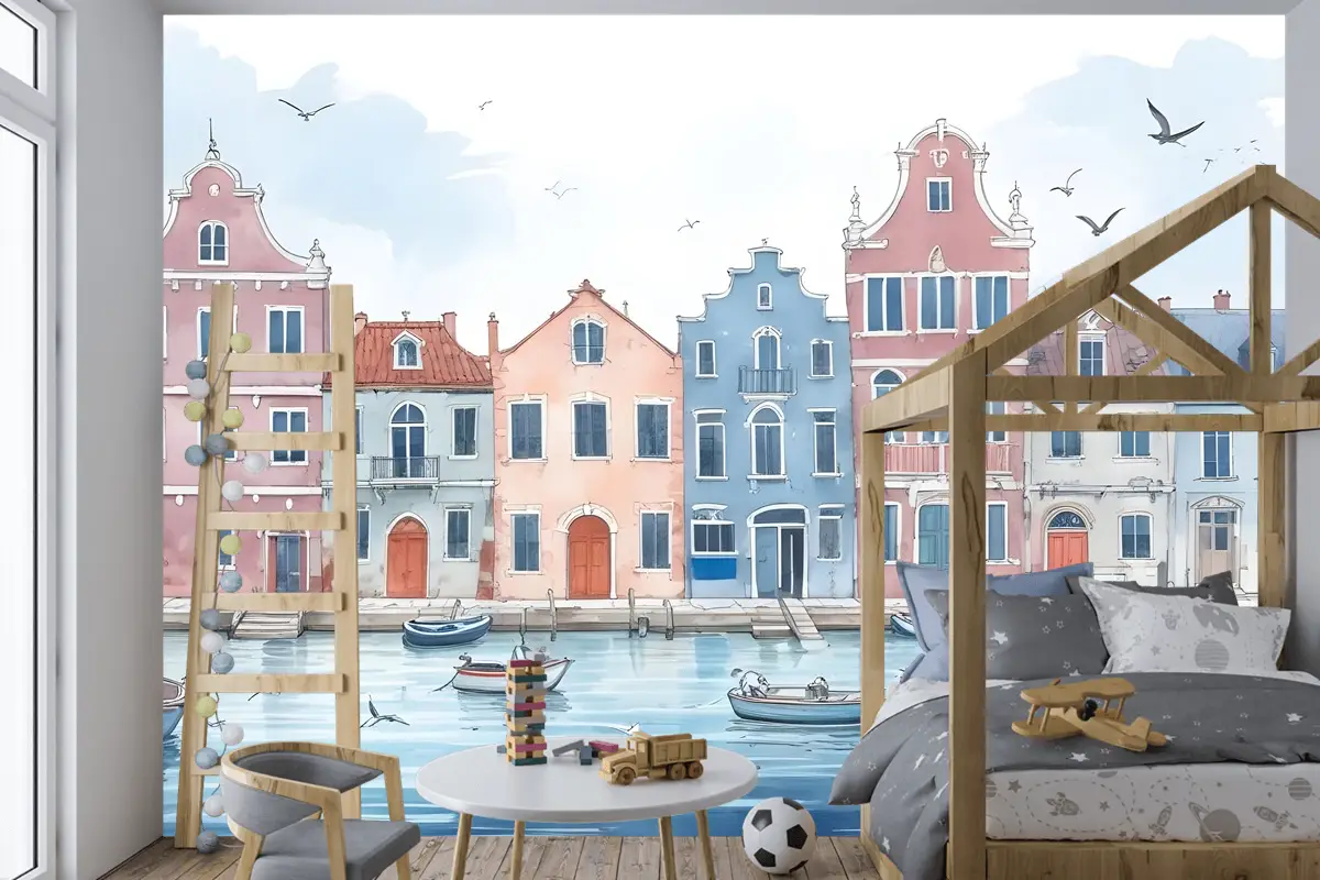 Çocuklar Için Suluboya Hollandalı Evler Çocuk Odası Duvar Kağıdı