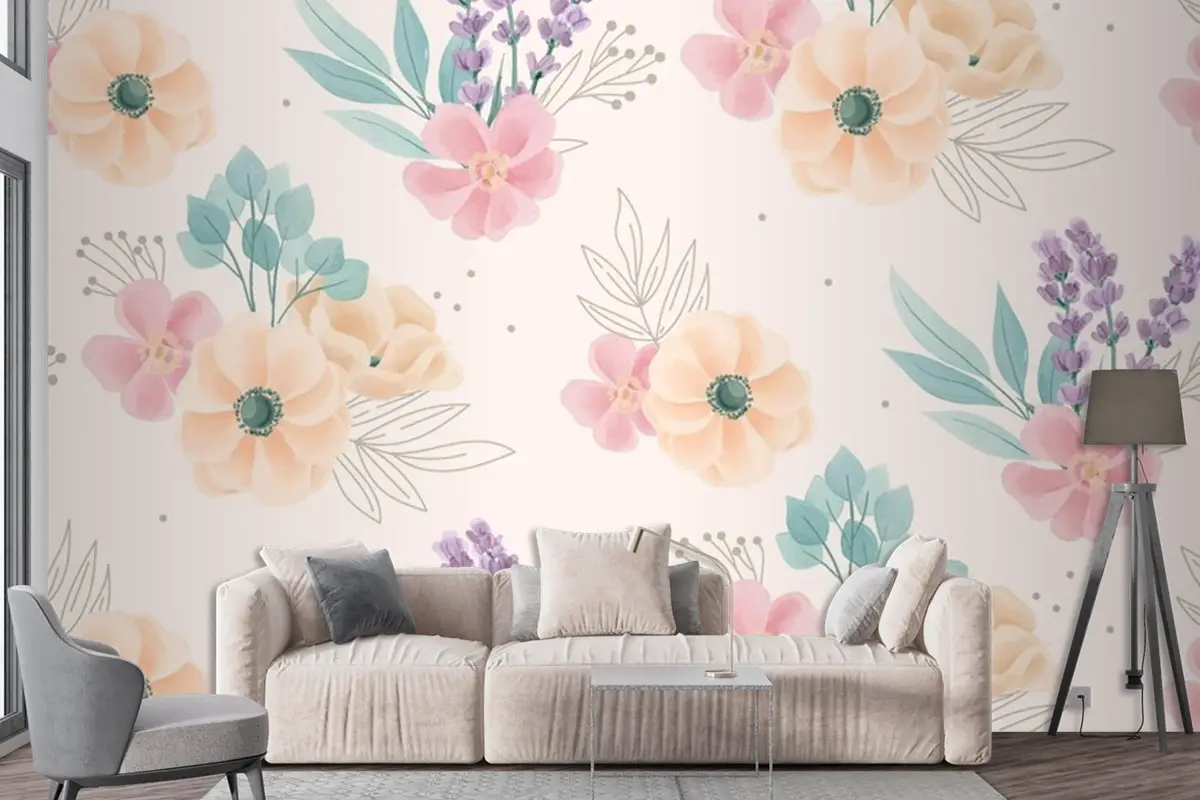 Suluboya Çiçek Süsler Desen Duvar Kağıdı 