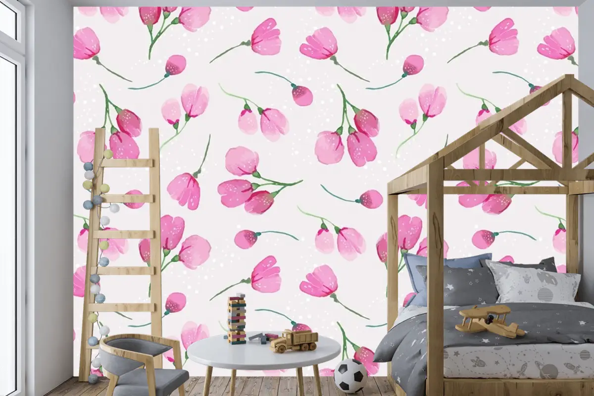 Suluboya Çiçek Desenli Tasarım Çocuk Odası Duvar Kağıdı 