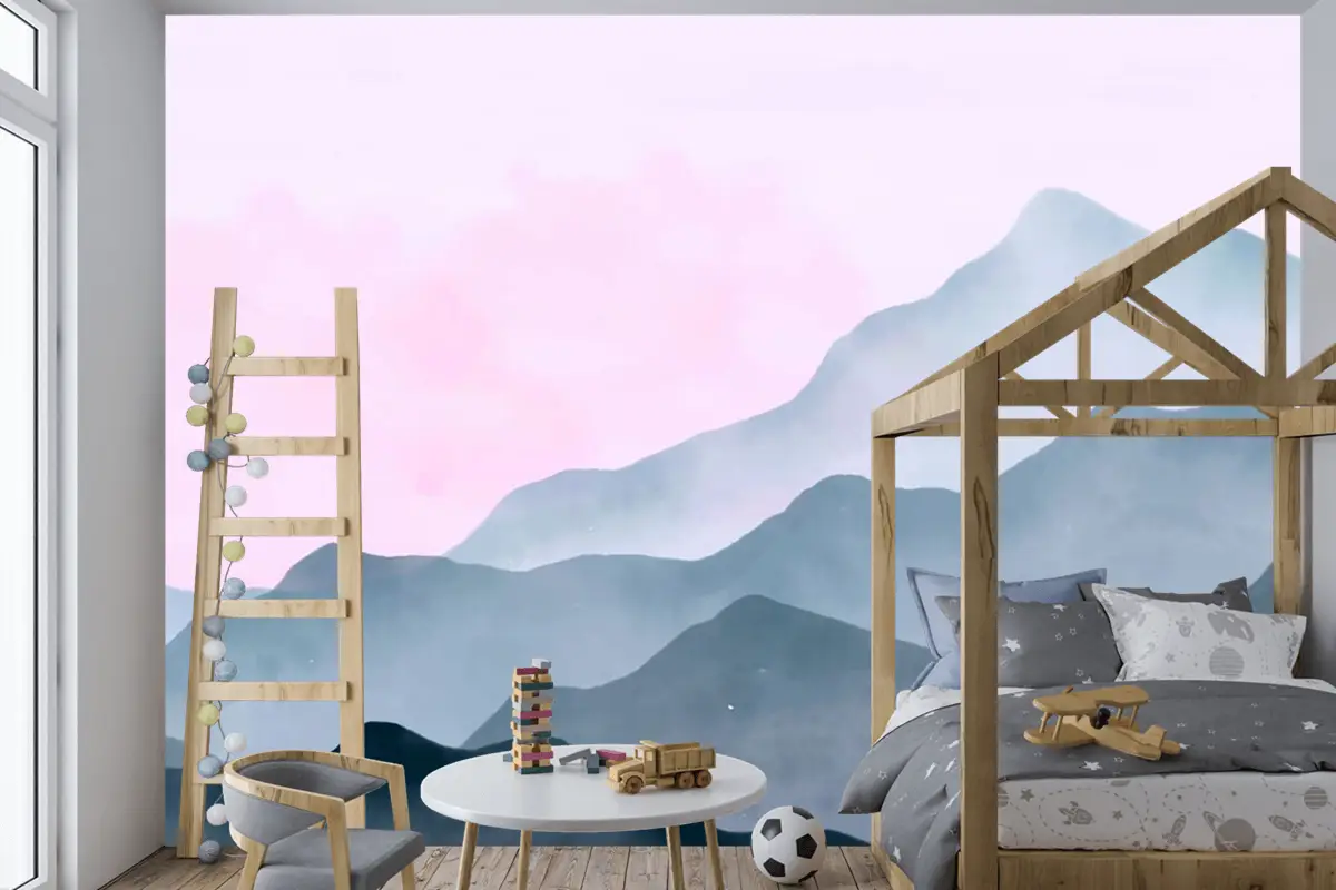 Pembe Gökyüzü Çocuk Odası Duvar Kağıdı  Ile Suluboya Dağlar Arka Plan