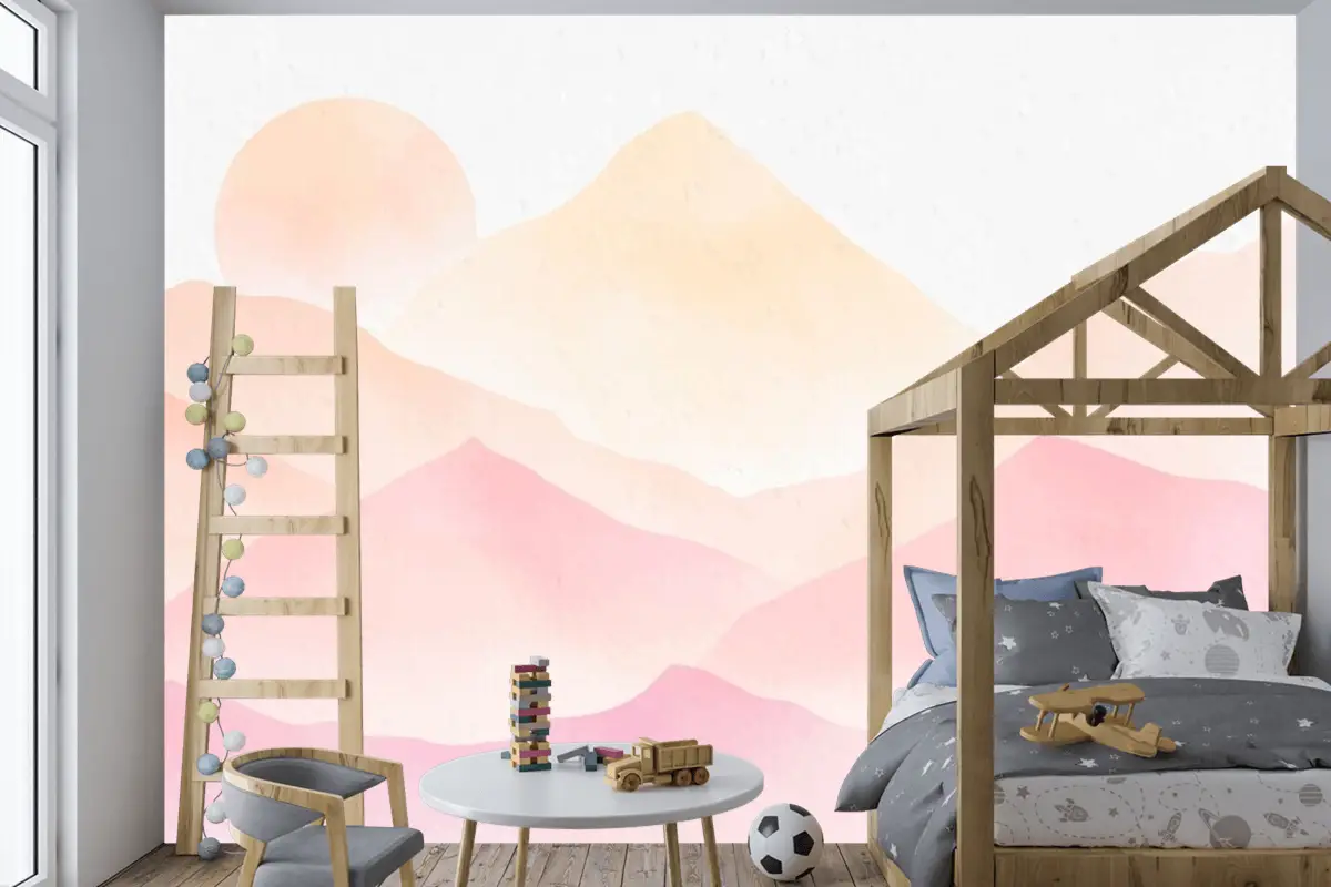 Suluboya Dağları Pembe Arka Plan Çocuk Odası Duvar Kağıdı 