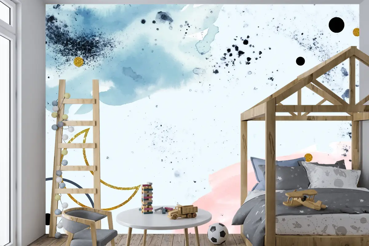 Altın Elementli Suluboya Boyalı Arka Plan Çocuk Odası Duvar Kağıdı