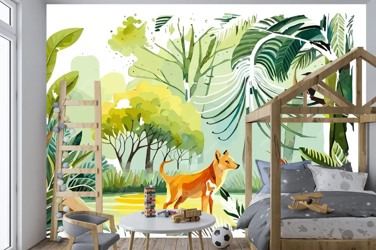 Ormanda Bir Köpek Ve Bir Kuşun Suluboya Resim Çocuk Odası Duvar Kağıdı