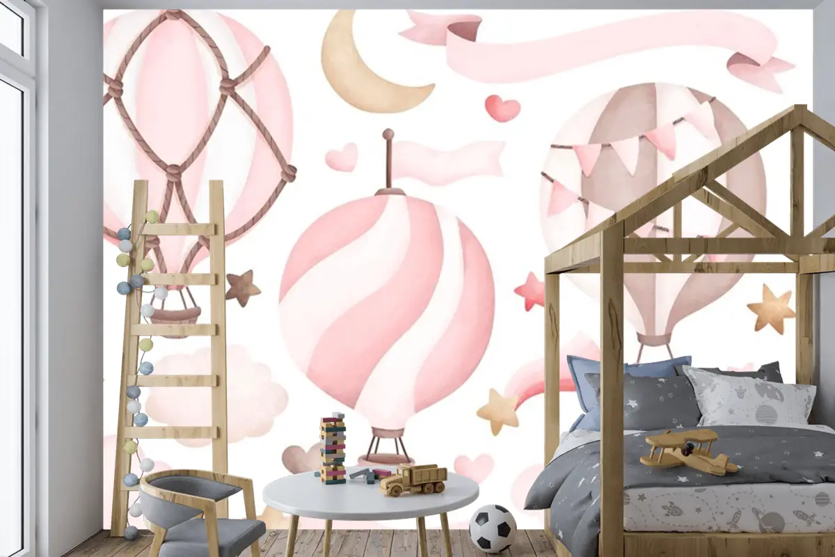 Suluboya Pembe Sıcak Hava Balonu Çocuk Odası Duvar Kağıdı 