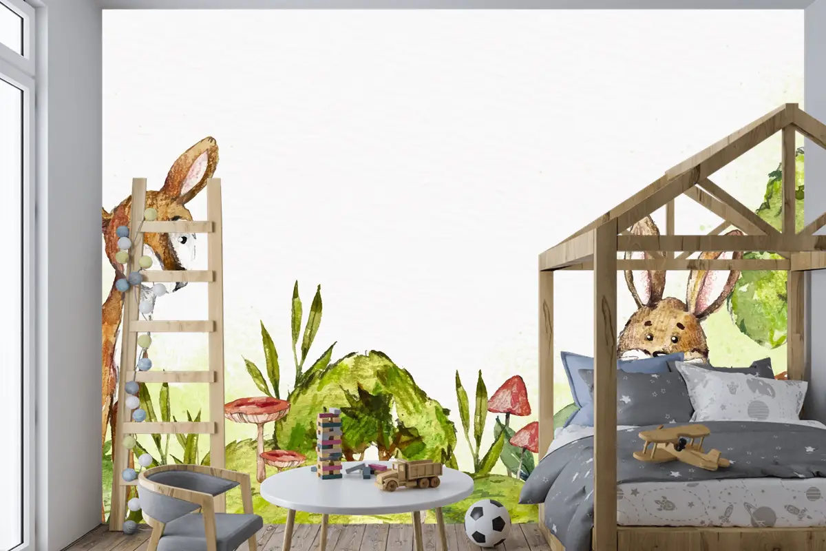 Suluboya Tavşan Ve Ormanda Geyik Çocuk Odası Duvar Kağıdı