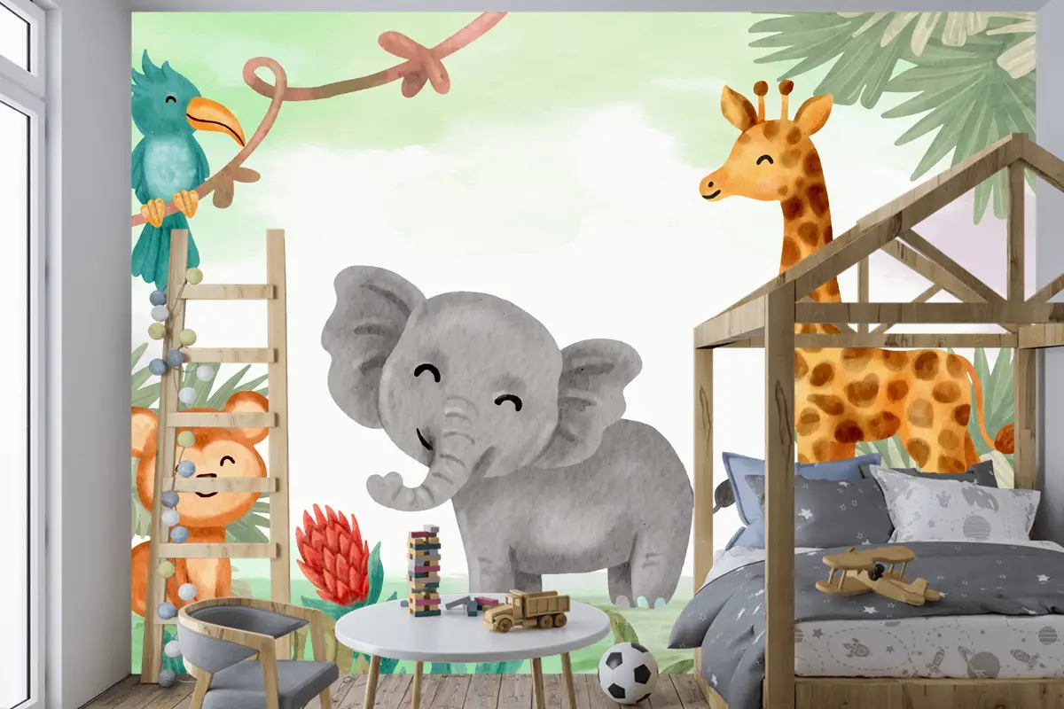 Suluboya Safari Arka Plan Çocuk Odası Duvar Kağıdı 