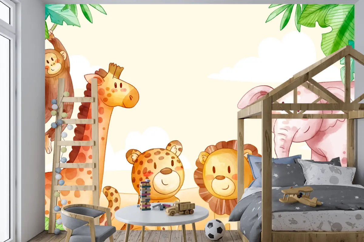 Suluboya Safari Arka Plan Çocuk Odası Duvar Kağıdı 