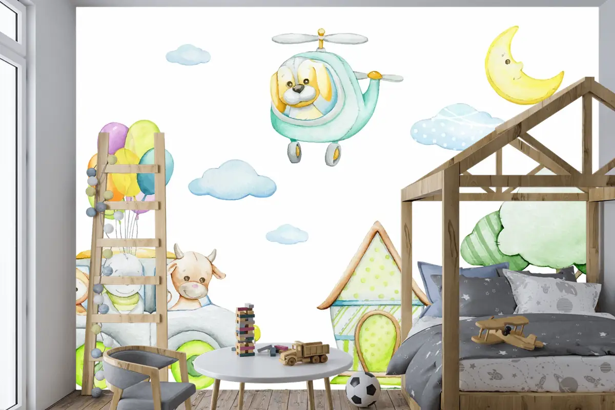 Karikatür Tarzı Tropikal Hayvanlar Araba Helikopter Ay Çocuk Odası Duvar Kağıdı Nde Suluboya Dikişsiz Desen