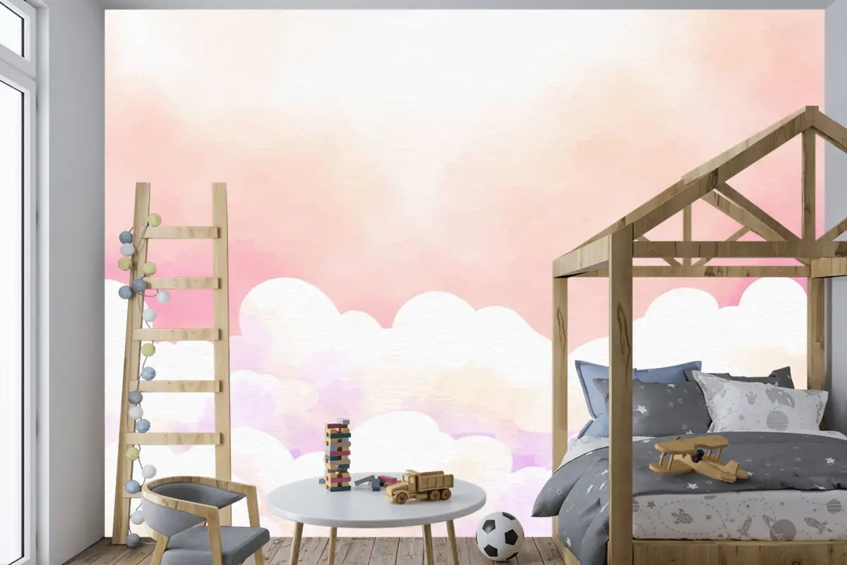 Suluboya Şeker Pamuk Bulutlar Arka Plan Çocuk Odası Duvar Kağıdı