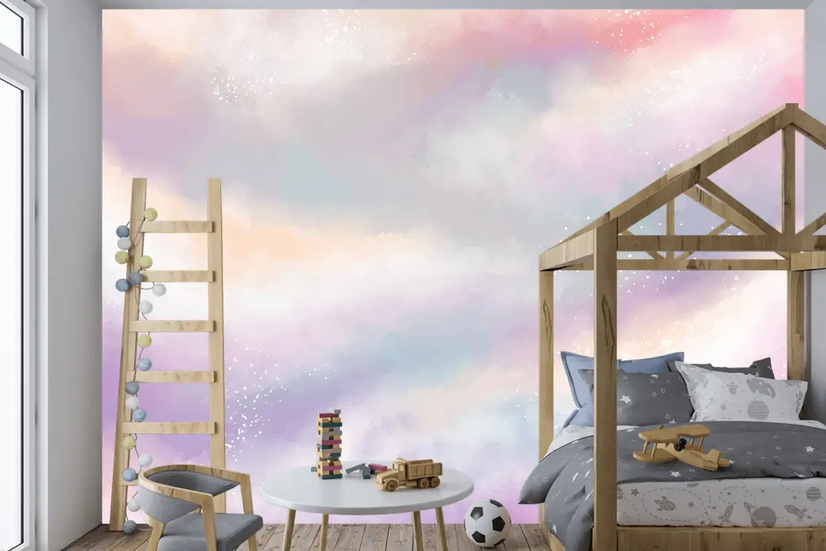 Suluboya Şeker Pamuk Bulutlar Çocuk Odası Duvar Kağıdı