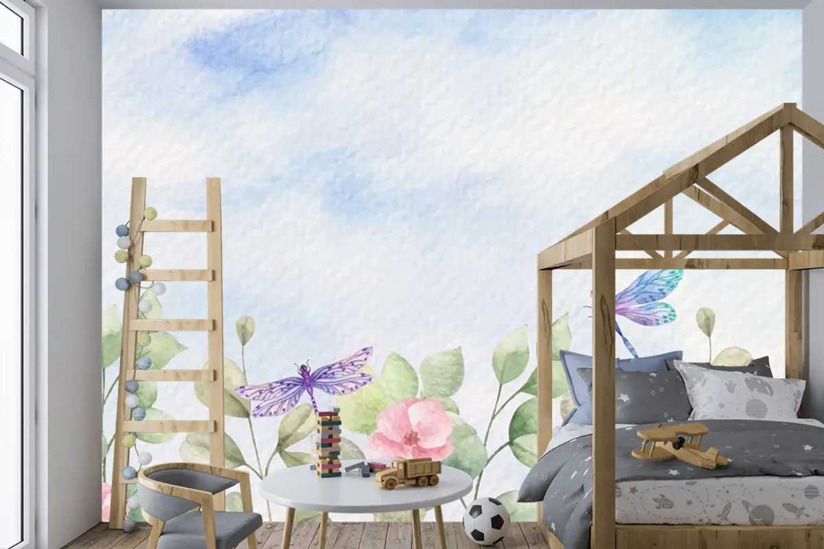 Suluboya Yabani Yapraklar Yusufçuk Çocuk Odası Duvar Kağıdı Ile Manzara Arka Plan