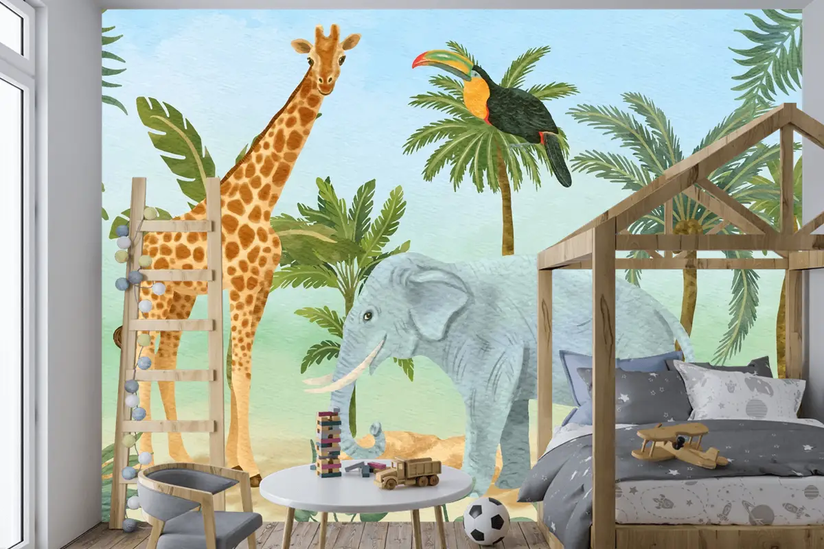 Suluboya Yaban Hayatı Arka Plan Çocuk Boys Çocuk Odası Duvar Kağıdı