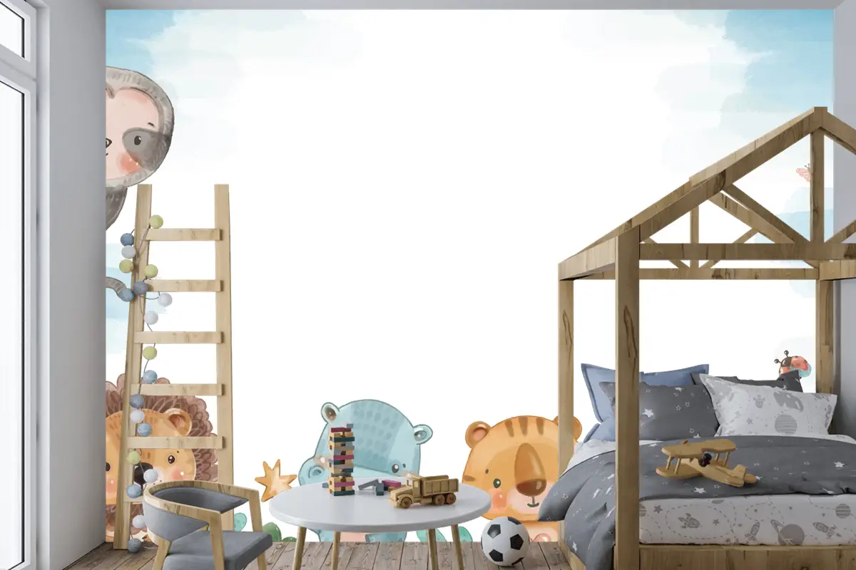 Suluboya Yaban Hayatı Arka Plan Çocuk Odası Duvar Kağıdı 