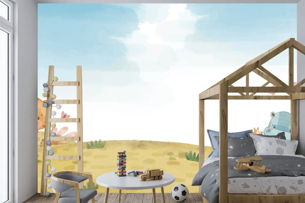 Suluboya Yaban Hayatı Arka Plan Çocuk Odası Duvar Kağıdı 