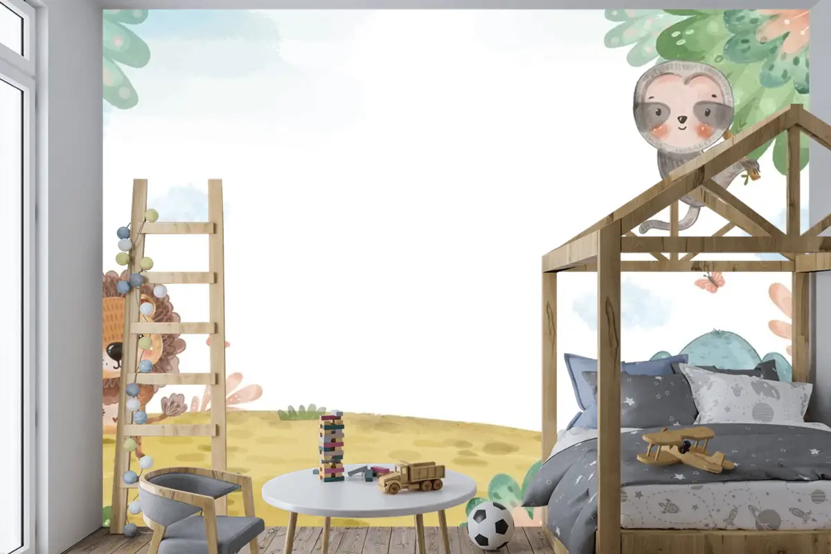 Suluboya Yaban Hayatı Arka Plan Çocuk Odası Duvar Kağıdı 