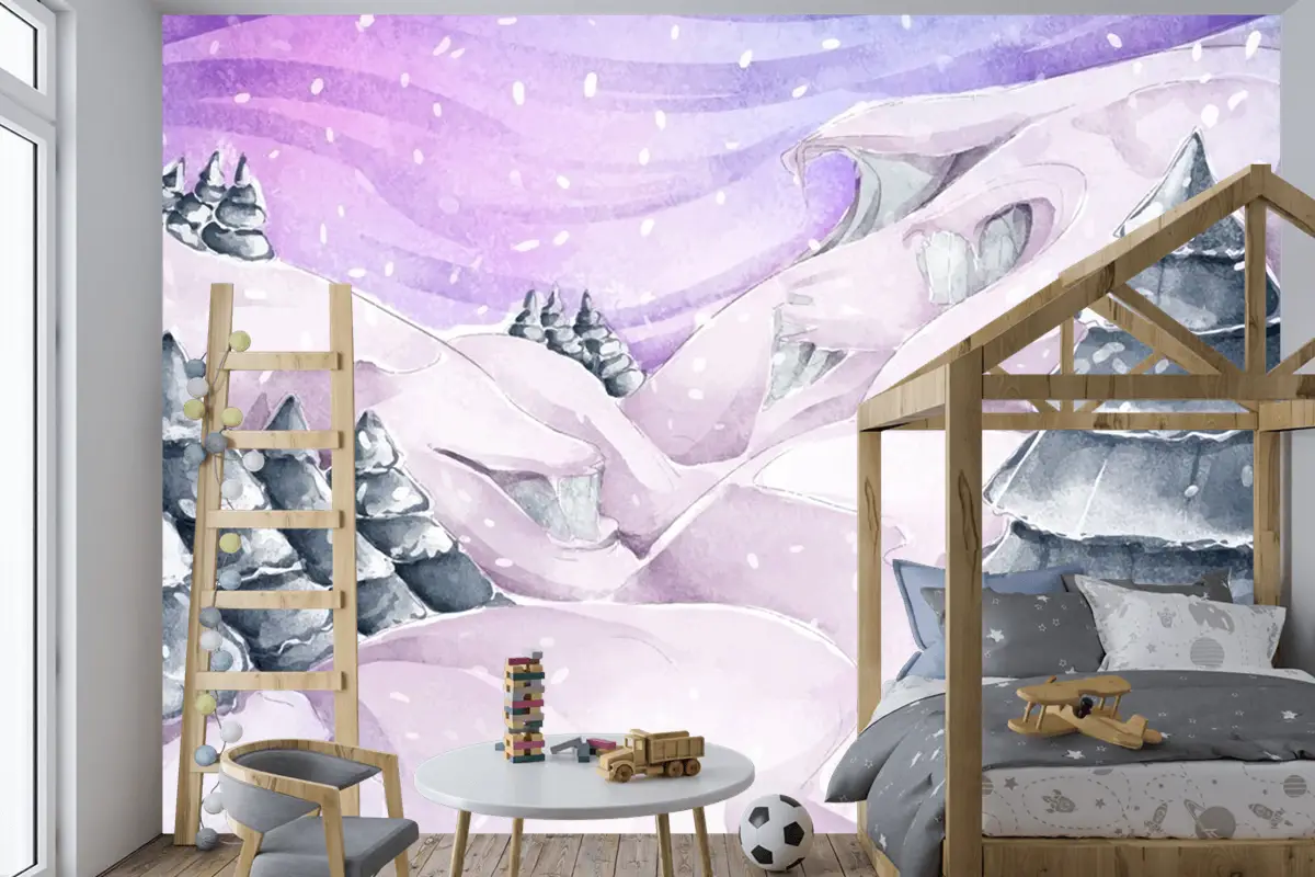 Çam Ağaçları Ile Suluboya Kış Manzarası Çocuk Odası Duvar Kağıdı