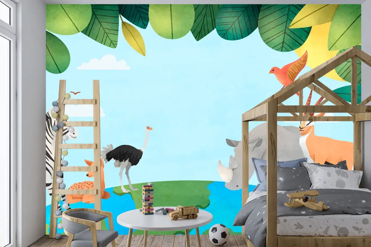 Suluboya Dünya Hayvan Günü Arka Plan Çocuk Odası Duvar Kağıdı 