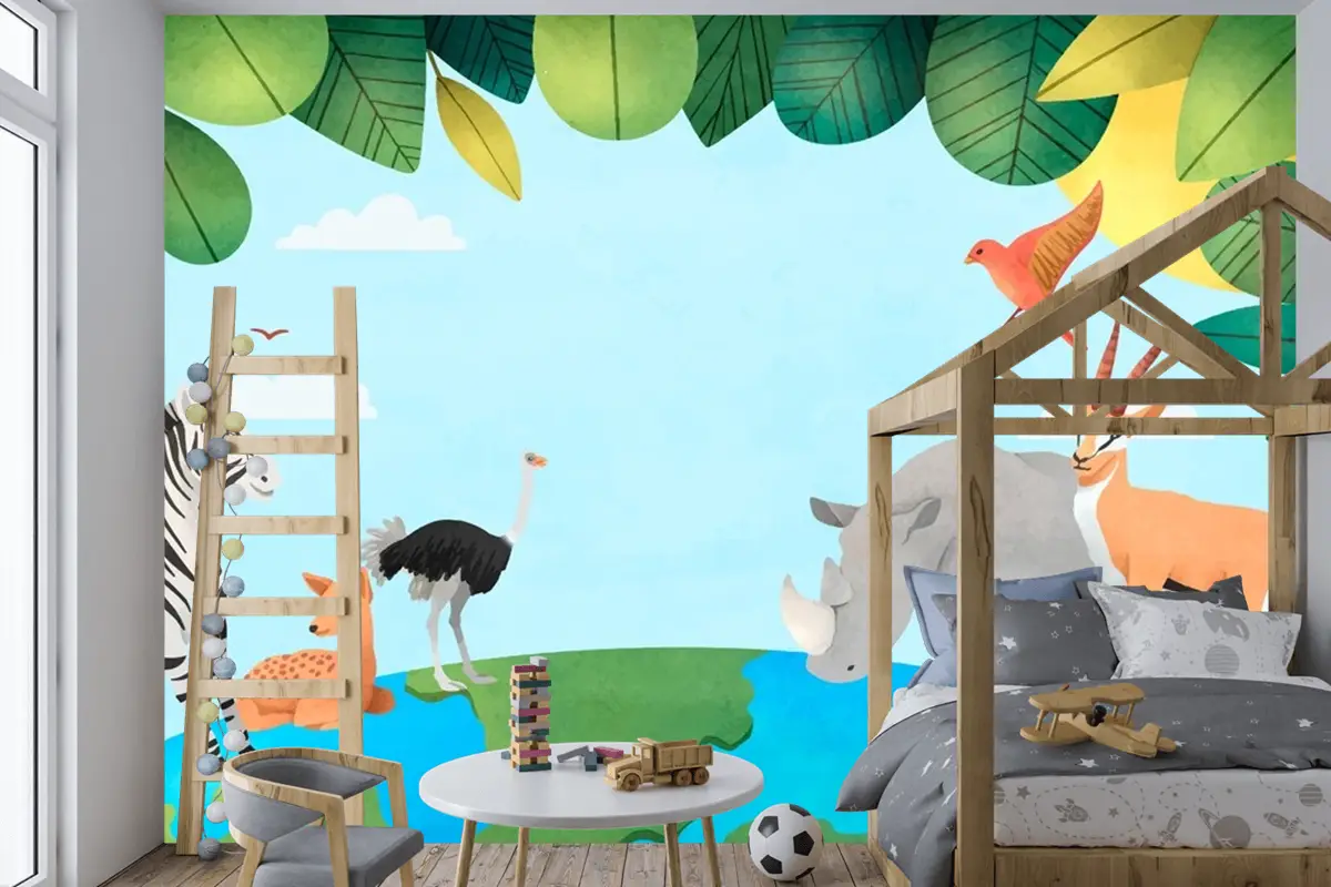Suluboya Dünya Hayvan Günü Arka Plan Çocuk Odası Duvar Kağıdı 