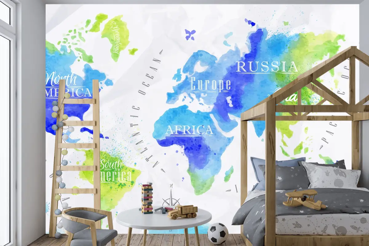 Suluboya Dünya Haritası Çocuk Odası Duvar Kağıdı 
