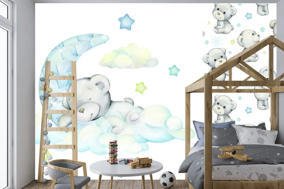 Beyaz Ayı Ay'da ve Bulutlarda Uyur Çocuk Odası Duvar Kağıdı