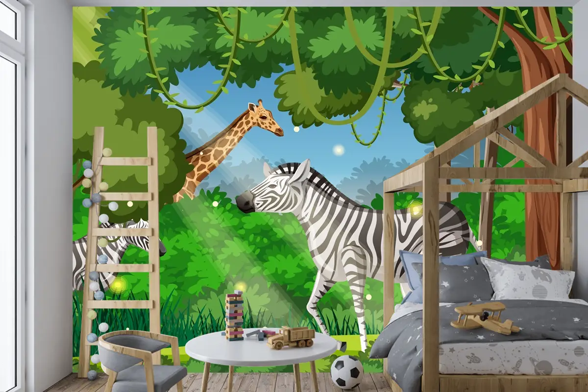 Ormandaki Vahşi Hayvanlar Manzara Çocuk Odası Duvar Kağıdı 
