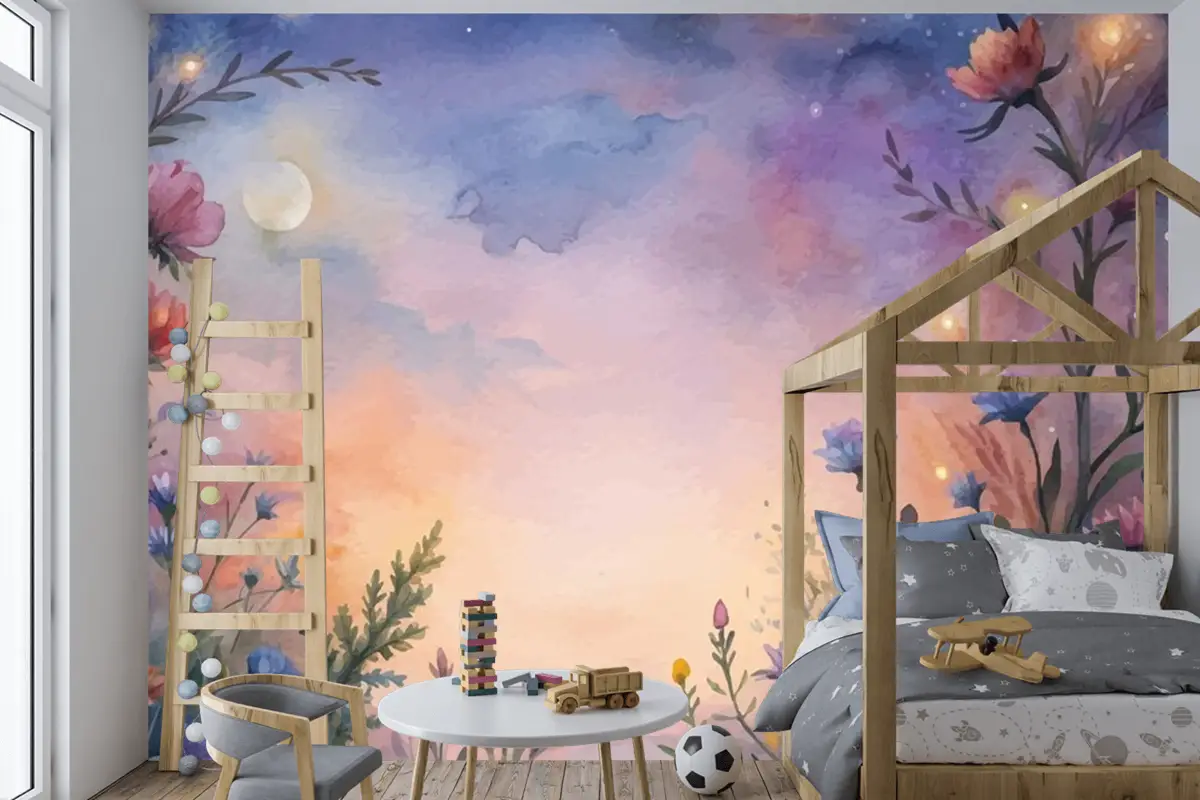Gün Batımında Kır Çiçeği Suluboya Arka Plan Çocuk Odası Duvar Kağıdı