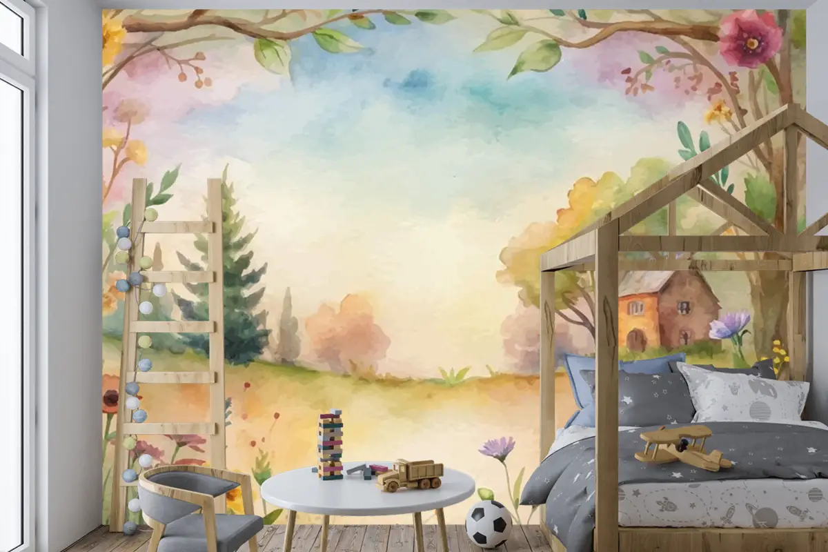 Kırsal Çocuk Odası Duvar Kağıdı Duvarında Kır Çiçeği Suluboya Arkaplan