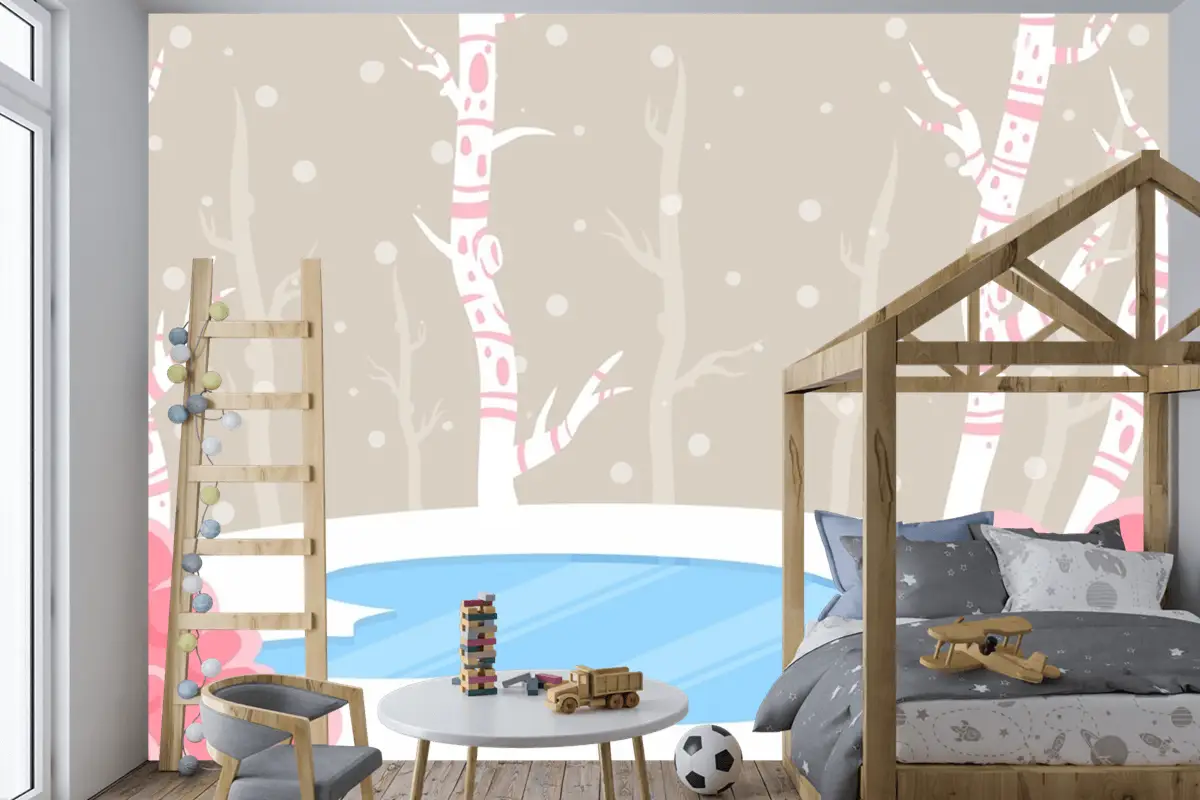 El Çizimi Çocuk Odası Duvar Kağıdı Duvarında Kış Konsepti