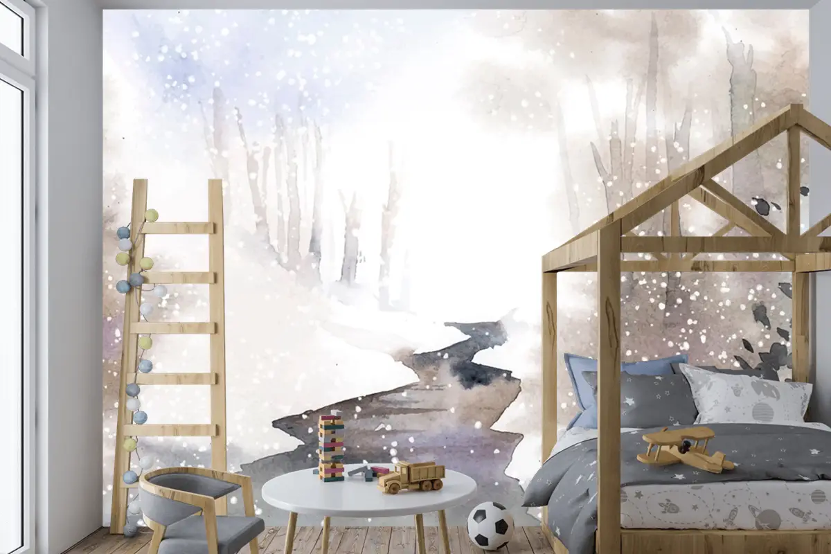 Kış Harikalar Diyarı Manzarası Suluboya Çocuk Odası Duvar Kağıdı  Ile Boyalı