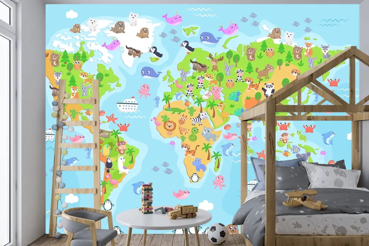 Çocuklar Için Hayvanlarla Dünya Haritası Çocuk Odası Duvar Kağıdı