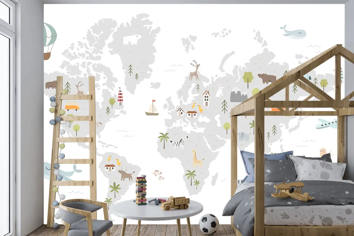 Hayvan Evleri Doğa Elemanları Çocuk Odası Duvar Kağıdı Ile Dünya Haritası