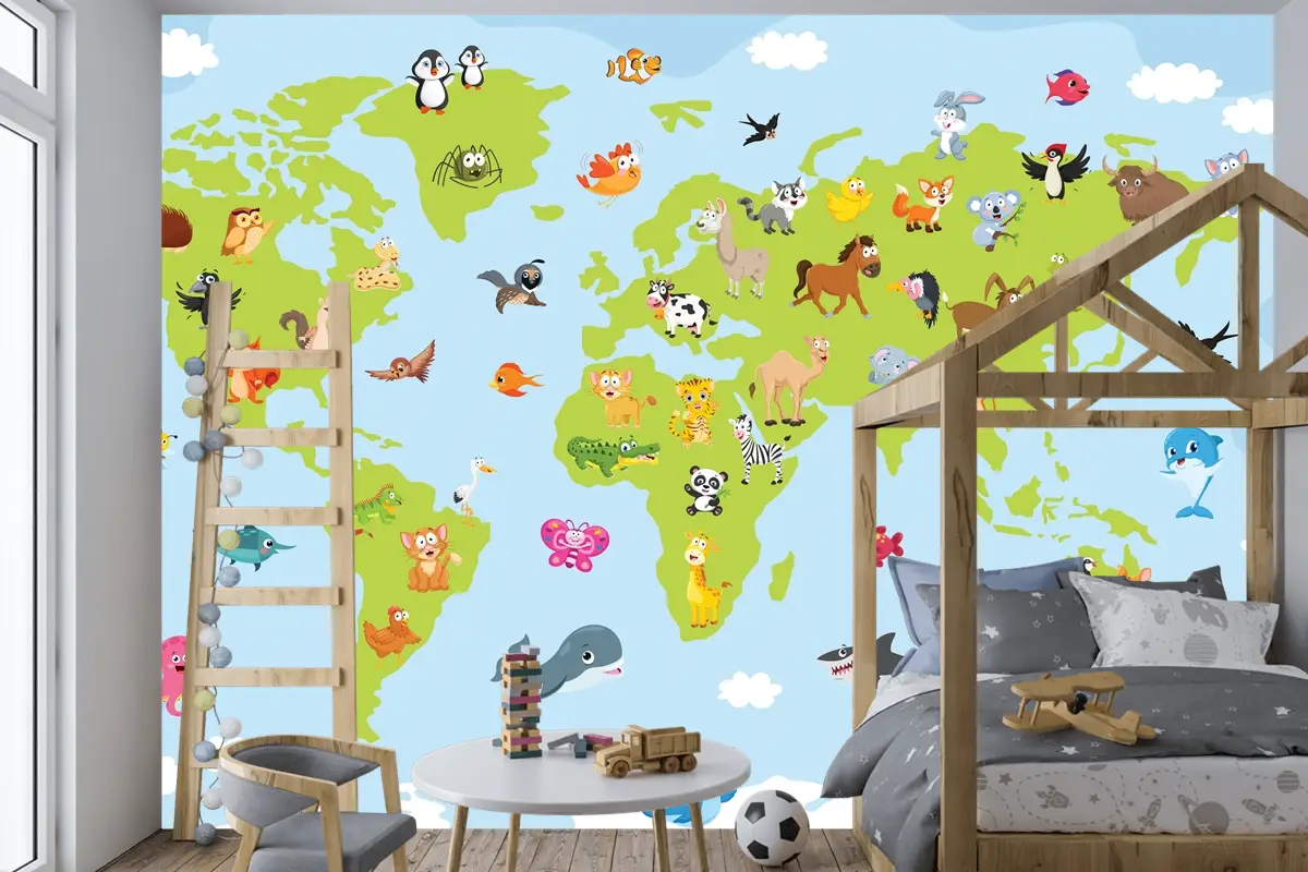 Karikatür Hayvanlı Dünya Haritası Çocuk Odası Duvar Kağıdı