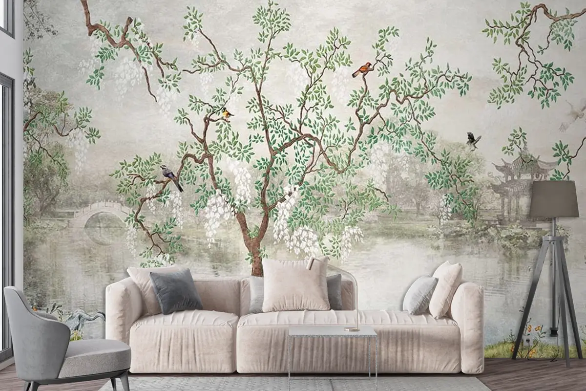 Yağlı Boya Tarz Ağaçlar ve Yapraklar Duvar Kağıdı