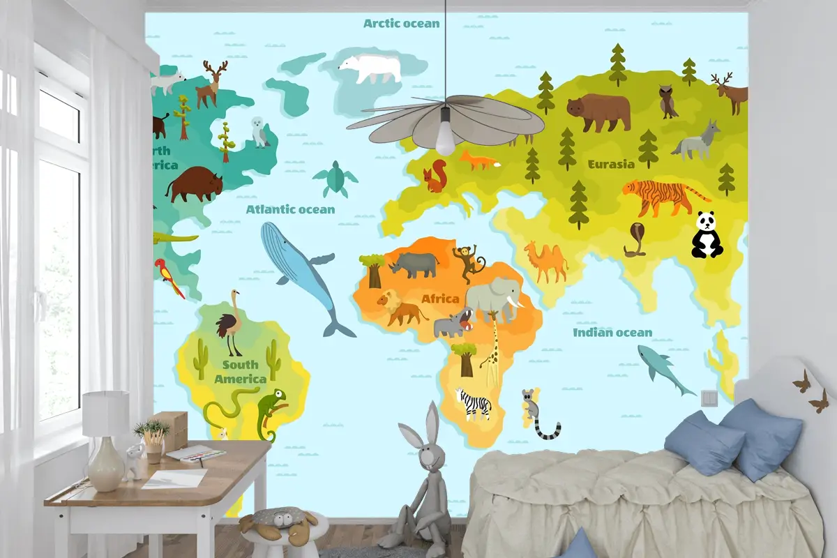 Kıtalar Çocuk Odası Duvar Kağıdı  Olan Çocuklar İçin Komik Karikatür Hayvan Dünya Haritası
