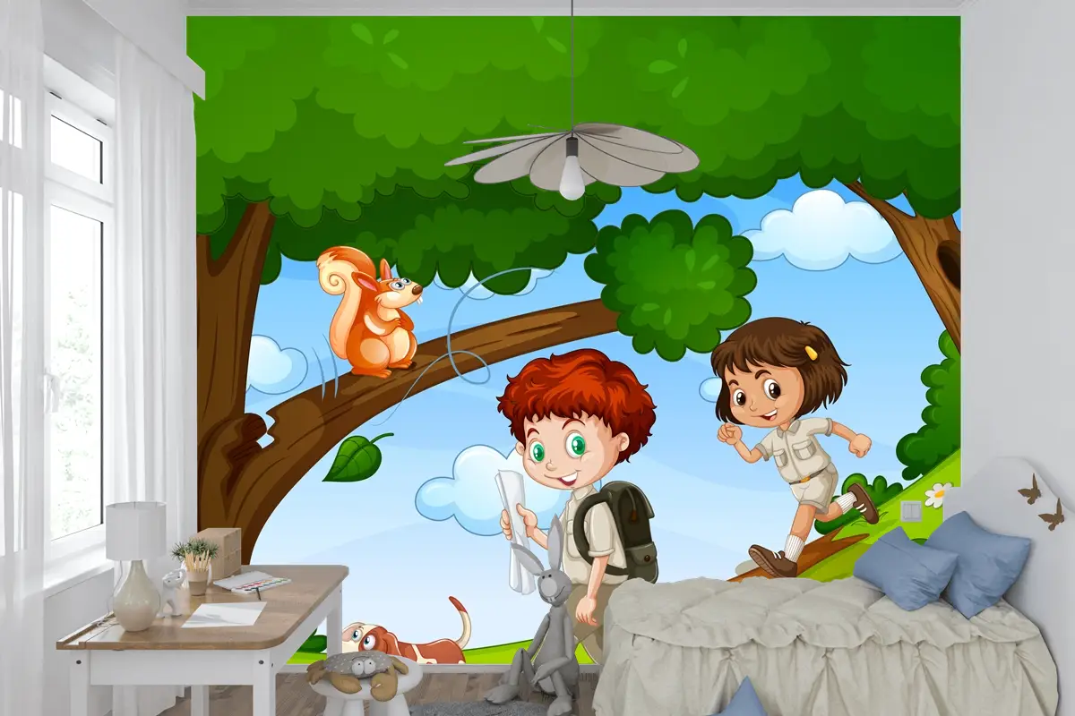 Erkek Ve Kız Sevimli Hayvan Sahnesi Çocuk Odası Duvar Kağıdı Yle Parkta Keyfini Çıkarıyor