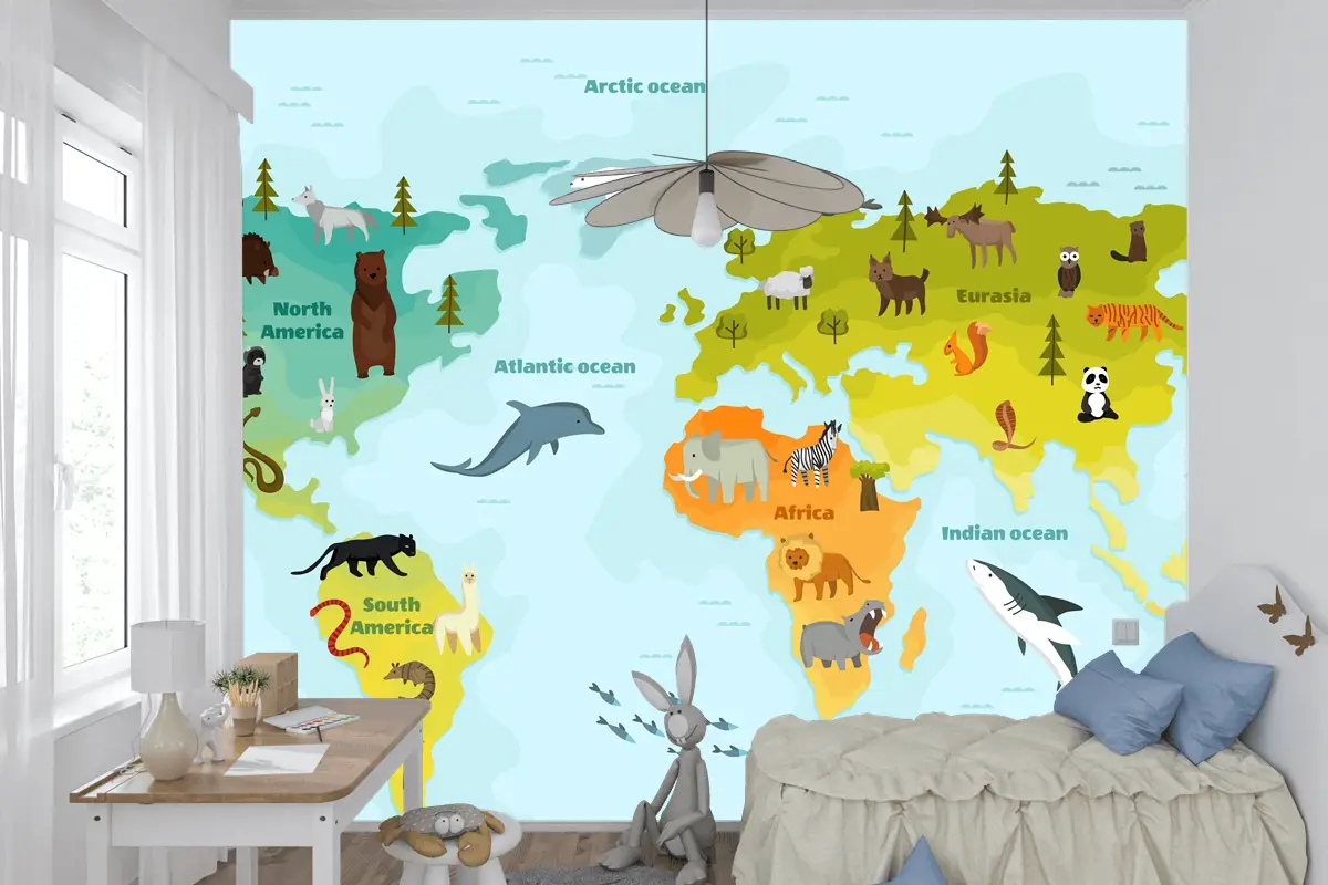 Farklı Hayvan Çocuk Odası Duvar Kağıdı  Ile Dünya Haritası