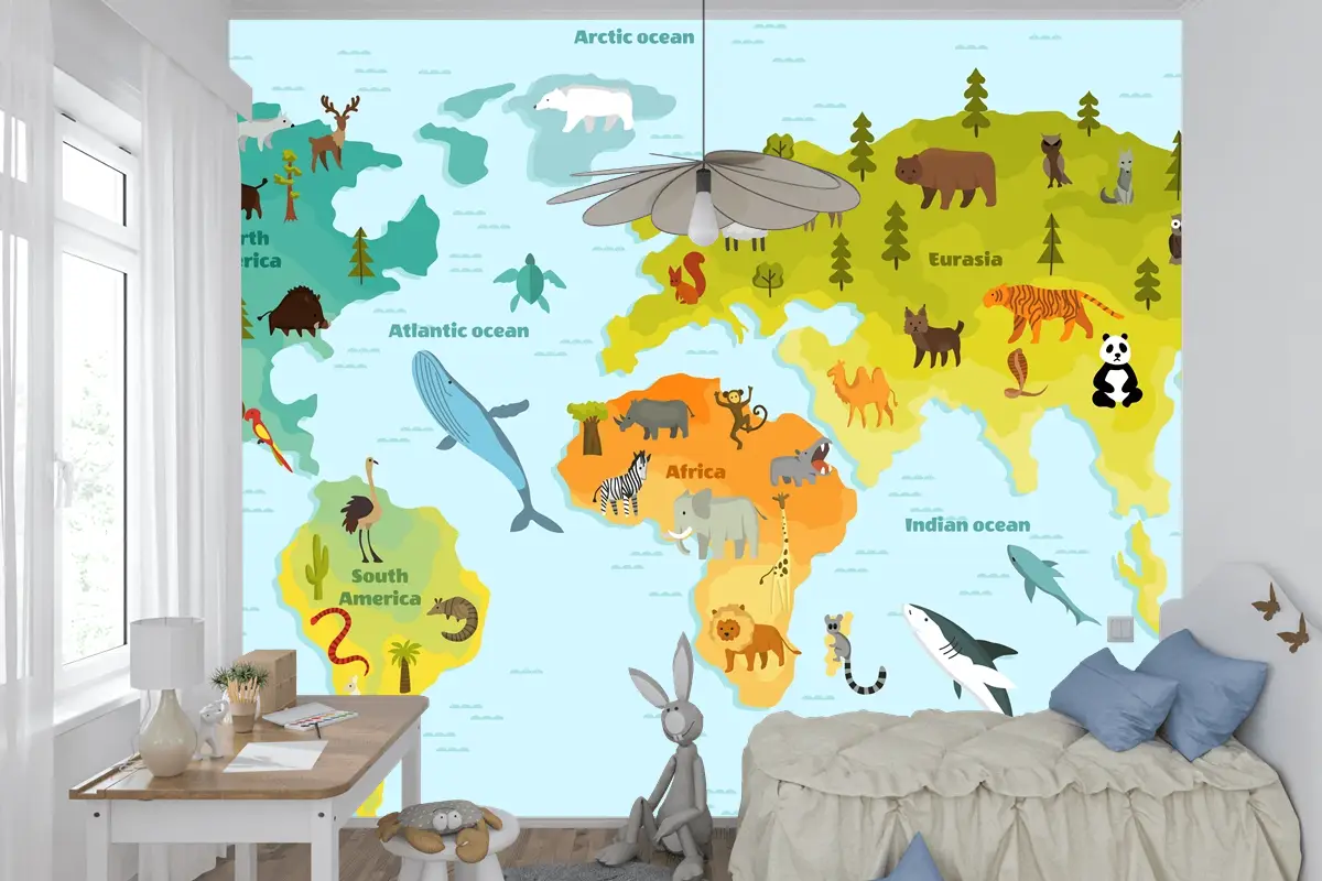 Farklı Hayvan Çocuk Odası Duvar Kağıdı  Ile Dünya Haritası