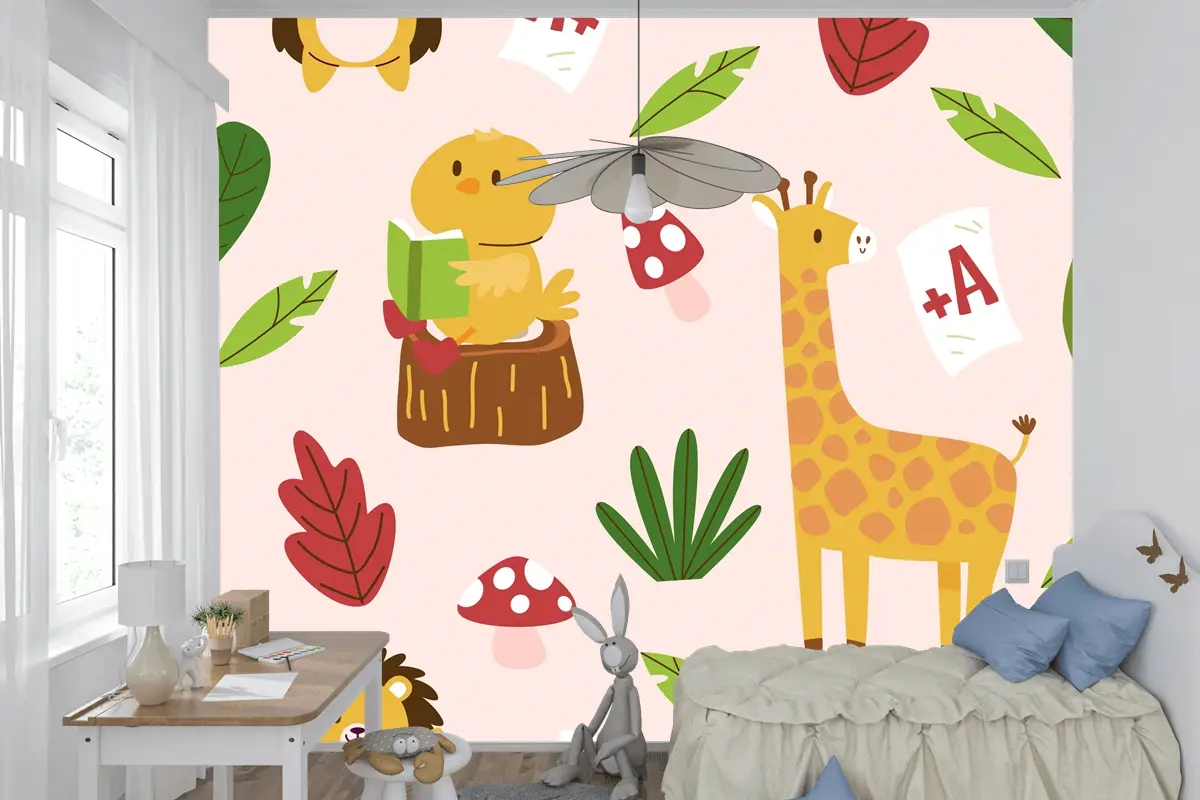 Elle Çizilmiş Çocuksu Hayvanlar Desen Çocuk Odası Duvar Kağıdı 