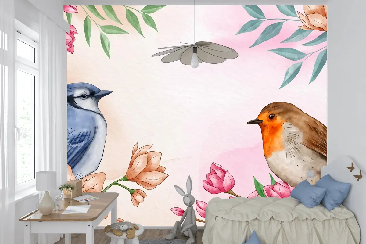 El Boyalı Suluboya Çiçek Kuşlar Arka Plan Çocuk Odası Duvar Kağıdı 