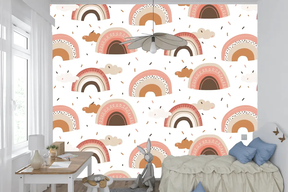 Elle Çizilmiş Gökkuşağı Desen Tasarımı Çocuk Odası Duvar Kağıdı