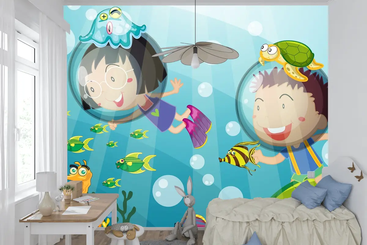 Mutlu Çocuklarla Sualtı Sahnesi Tüplü Dalış Çocuk Odası Duvar Kağıdı